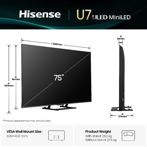 TV UHD HISENSE 75U7Q SMART 4K MINI LED 144Hz